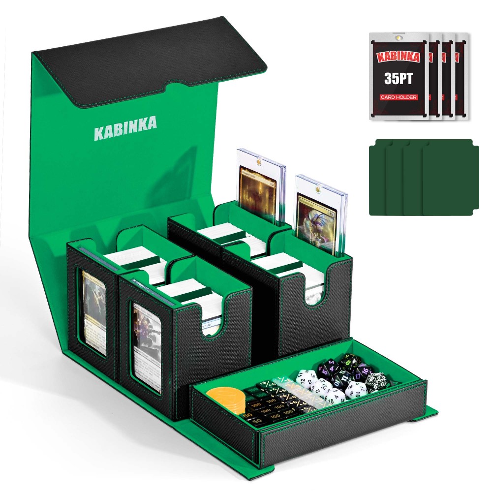 Card Deck Box for MTG with Commander Display, 5 in 1 Card Storage Box Fits 400+ Double-sleeved Cards, Removable Deck Case for TCG/Sports Cards with Dice Tray, 4 Magnetic Card Holders (Green White)