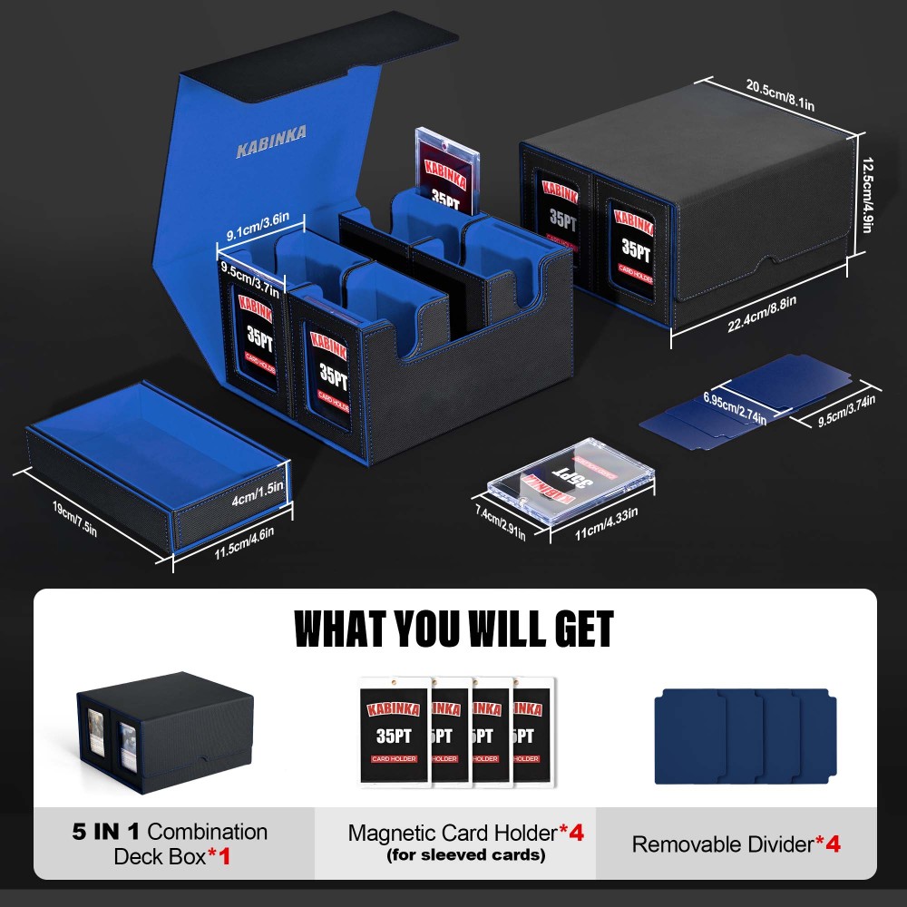 Card Deck Box for MTG with Commander Display, 5 in 1 Card Storage Box Fits 400+ Double-sleeved Cards, Removable Deck Case for TCG/Sports Cards with Dice Tray, 4 Magnetic Card Holders (Black Blue)