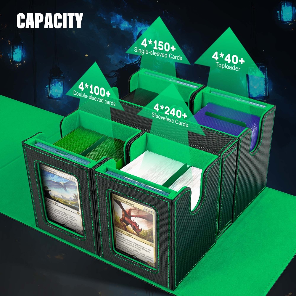 Card Deck Box for MTG with Commander Display, 5 in 1 Card Storage Box Fits 400+ Double-sleeved Cards, Removable Deck Case for TCG/Sports Cards with Dice Tray, 4 Magnetic Card Holders (Black Green)