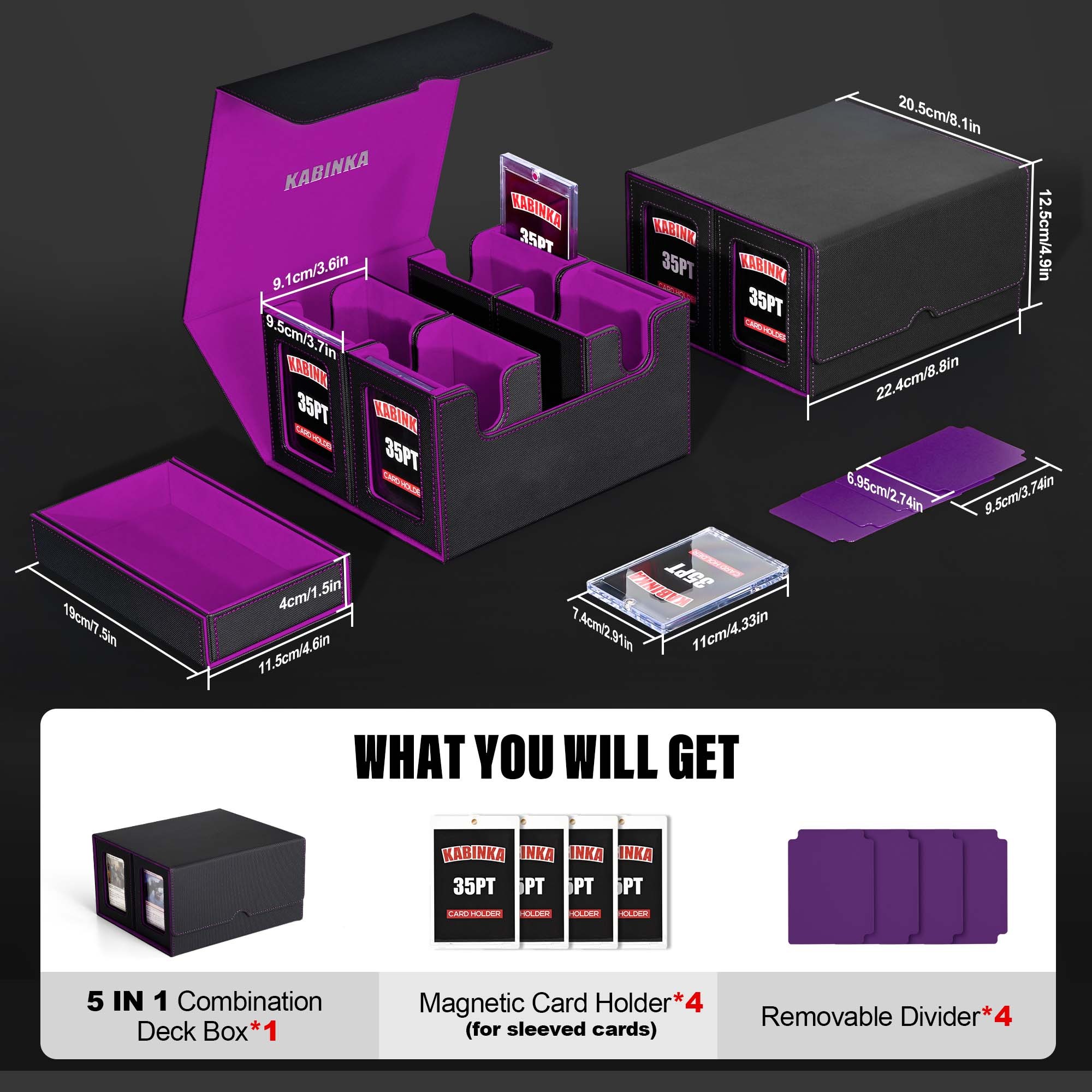 Kabinka Commander Deck Box for MTG Fits 400+ Double-Sleeved Card Storage, 5 IN 1 Removable Card Case with Dice Tray, Display Window for TCG/PTCG/EDH, 4 Magnetic One Touch Holders (Black Purple)