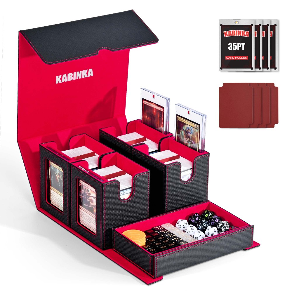 Card Deck Box for MTG with Commander Display, 5 in 1 Card Storage Box Fits 400+ Double-sleeved Cards, Removable Deck Case for TCG/Sports Cards with Dice Tray, 4 Magnetic Card Holders (Black Green)