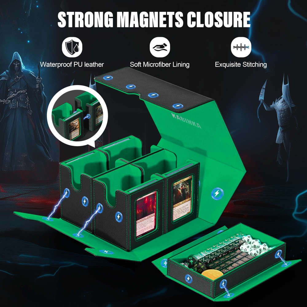Card Deck Box for MTG with Commander Display, 5 in 1 Card Storage Box Fits 400+ Double-sleeved Cards, Removable Deck Case for TCG/Sports Cards with Dice Tray, 4 Magnetic Card Holders (Black Green)