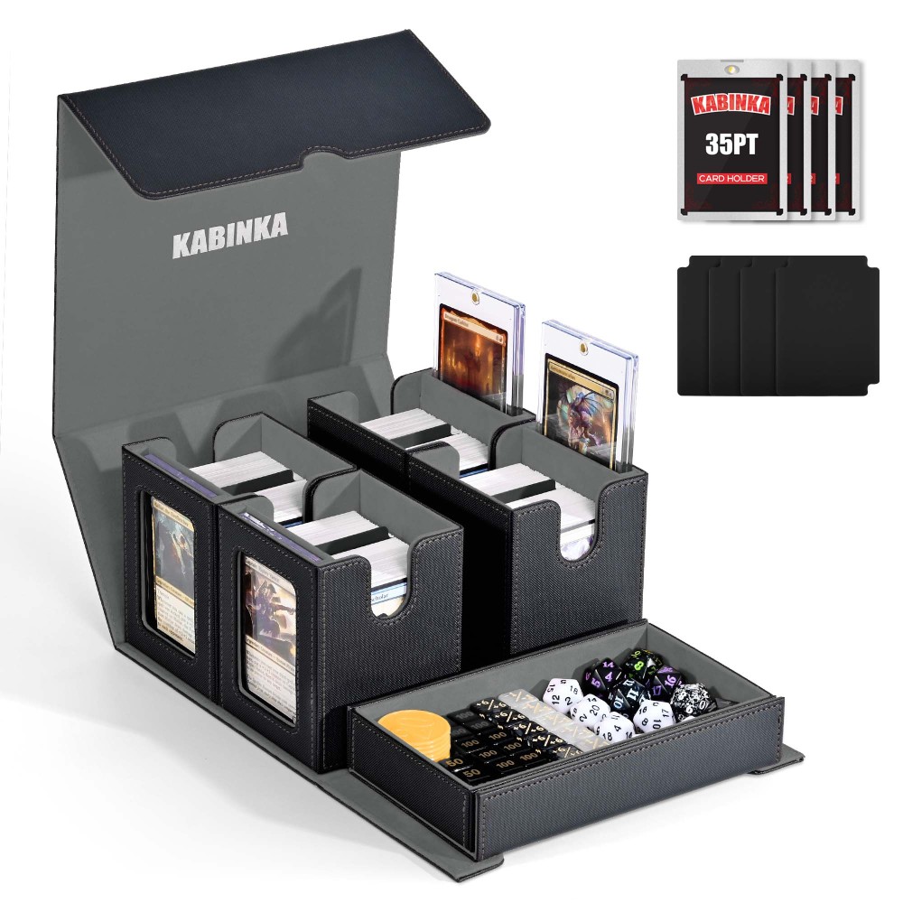 Card Deck Box for MTG with Commander Display, 5 in 1 Card Storage Box Fits 400+ Double-sleeved Cards, Removable Deck Case for TCG/Sports Cards with Dice Tray, 4 Magnetic Card Holders (Black Gold)