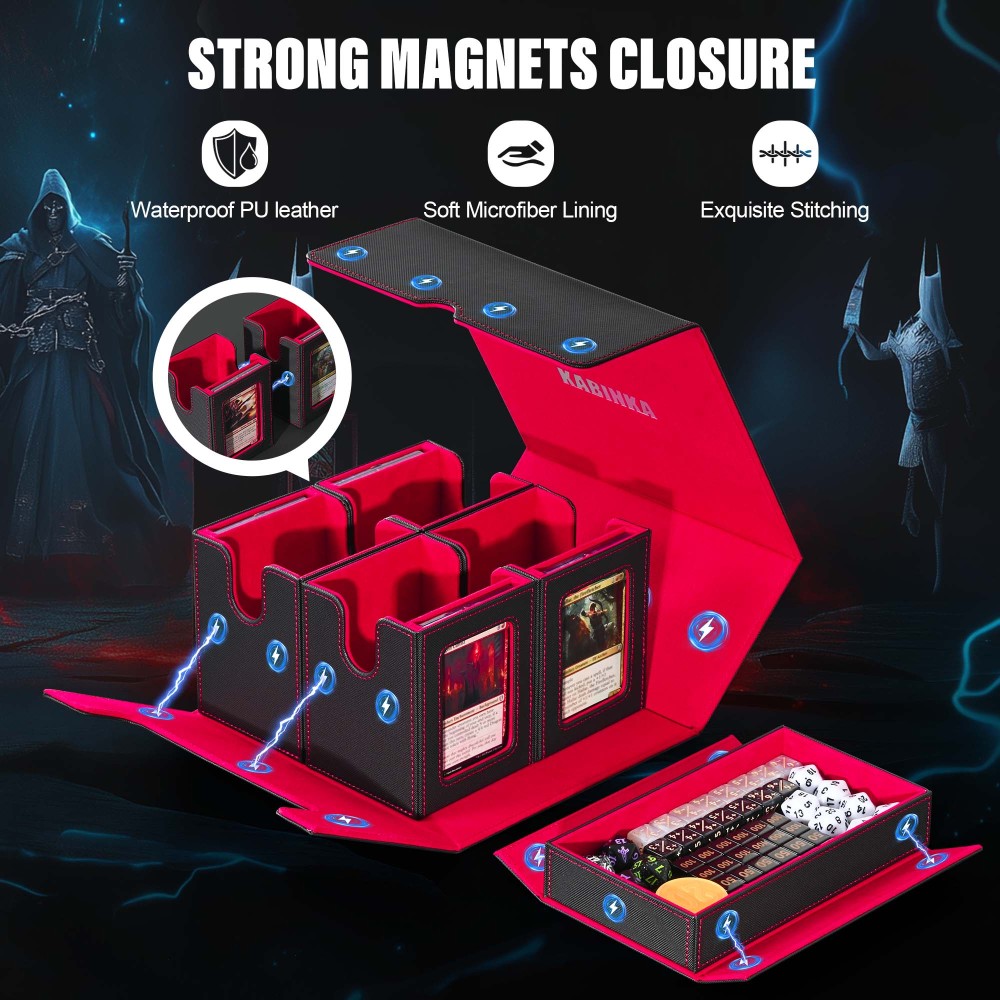Kabinka Commander Deck Box for MTG Fits 400+ Double-Sleeved Card Storage, 5 IN 1 Removable Card Case with Dice Tray, Display Window for TCG/PTCG/EDH, 4 Magnetic One Touch Holders (Black Red)