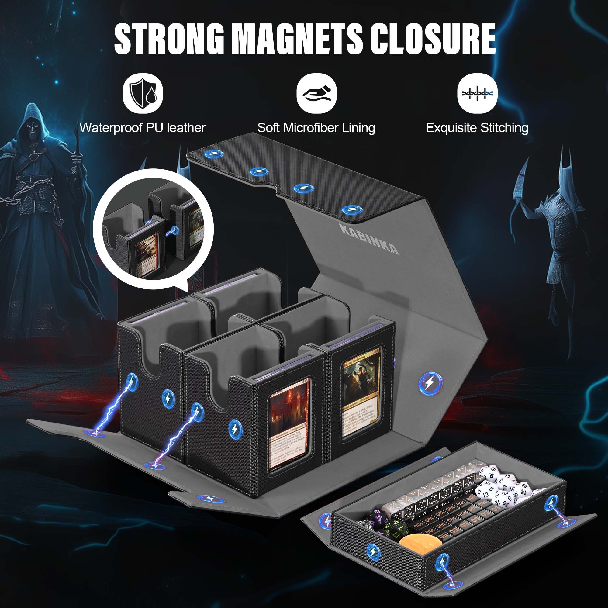 Kabinka Commander Deck Box for MTG Fits 400+ Double-Sleeved Card Storage, 5 IN 1 Removable Card Case with Dice Tray, Display Window for TCG/PTCG/EDH, 4 Magnetic One Touch Holders (Black)