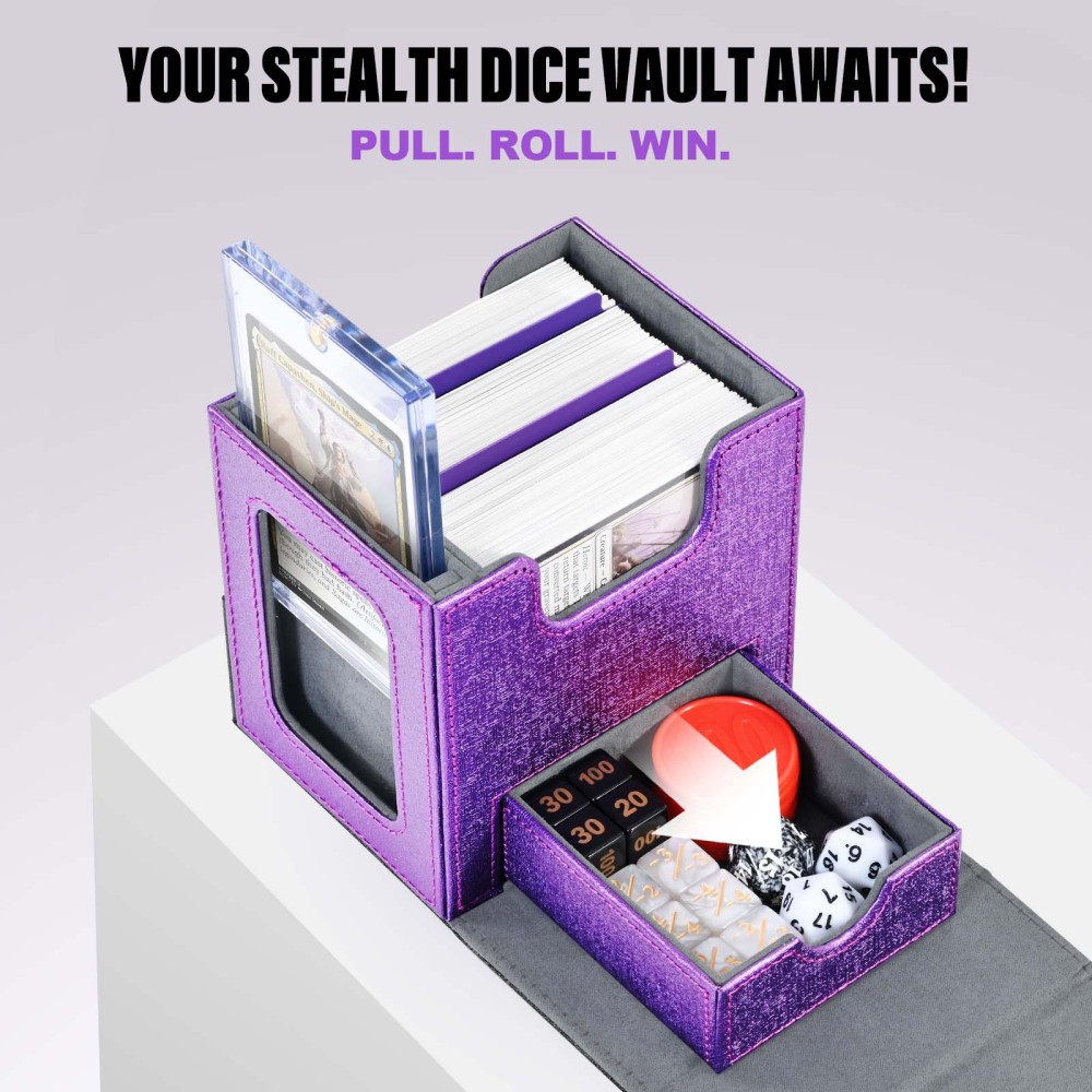 Kabinka Commander Deck Box for MTG with Dice Tray, Card Deck Box with Metal Emblem, Hold 100 Double-Sleeved Cards for TCG/PTCG, Cards Storage Case with 35PT Magnetic Card Holder (Black& Purple, Lotus)