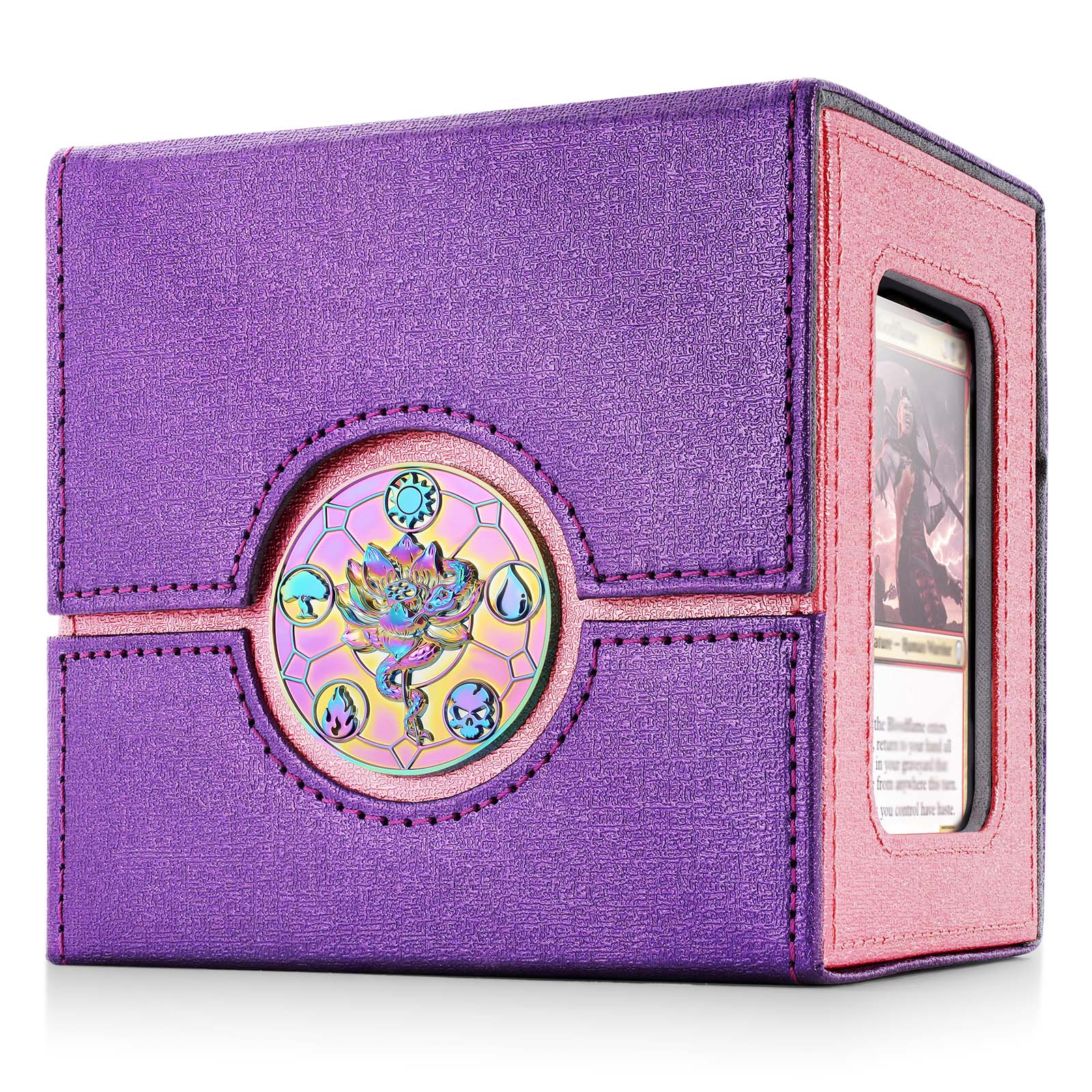 Kabinka Commander Deck Box for MTG with Metal Emblem, Card Deck Box with Dice Tray, Holds 100 Double-Sleeved Cards for TCG/PTCG, Cards Storage Case with 35PT Magnetic Card Holder (Pink& Purple, Lotus)