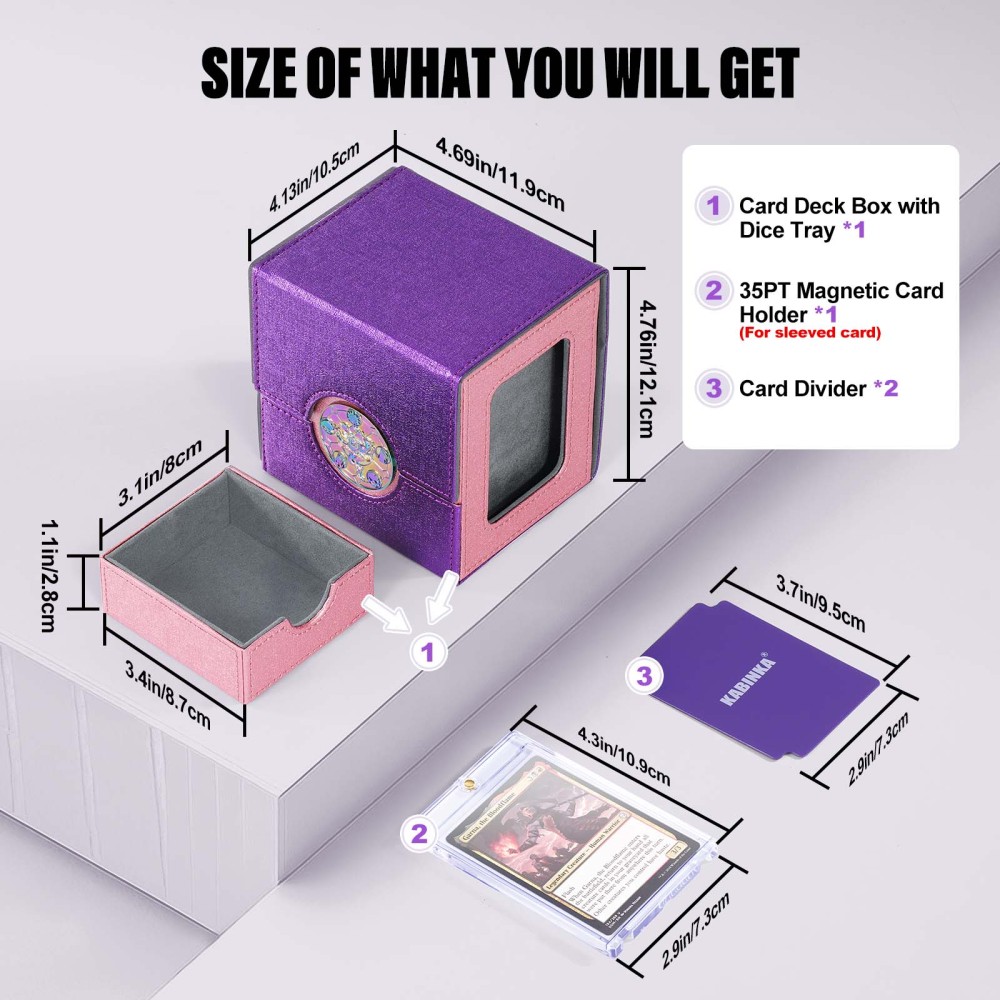 Kabinka Commander Deck Box for MTG with Metal Emblem, Card Deck Box with Dice Tray, Holds 100 Double-Sleeved Cards for TCG/PTCG, Cards Storage Case with 35PT Magnetic Card Holder (Pink& Purple, Lotus)