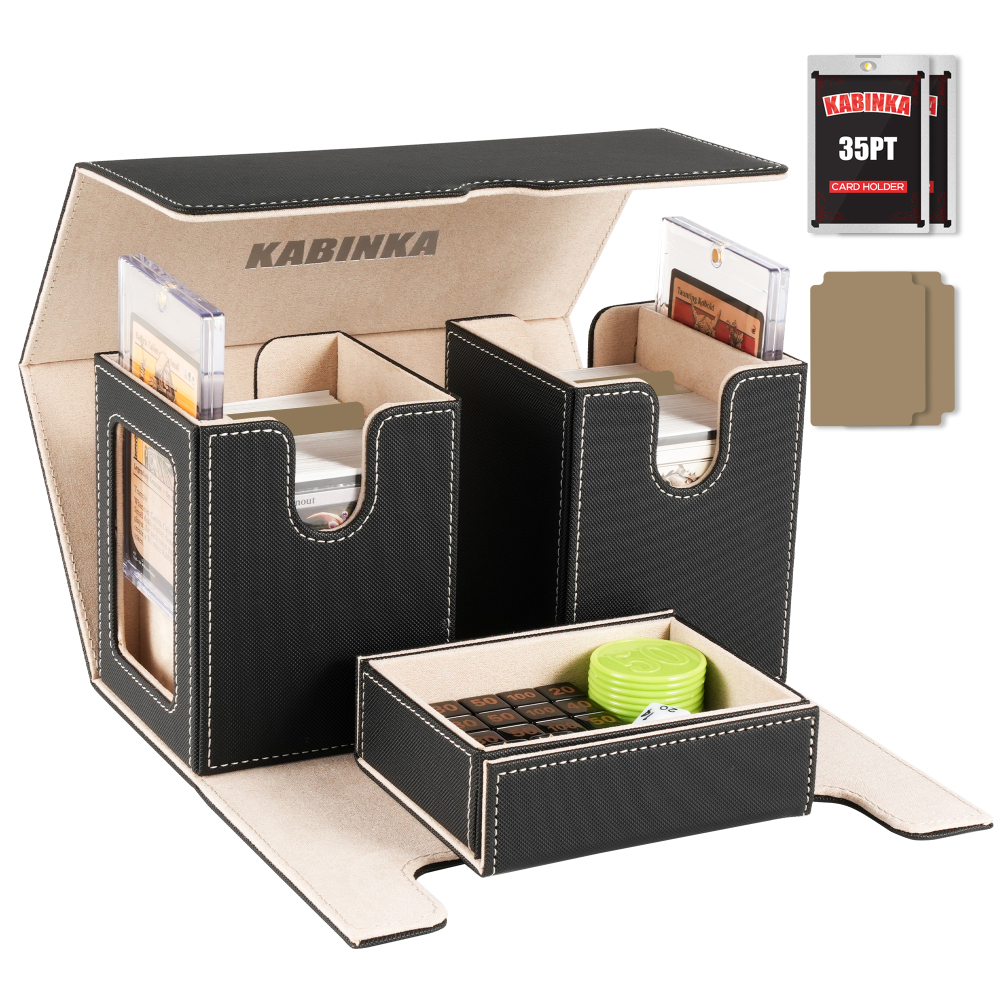Kabinka Deck Box for MTG with Commander Display, 3 in 1 Trading Card Storage Box Fit 200 Double-sleeved Cards, Removable Deck Case for TCG/Sports Cards with 2 Magnetic Card Holders (Black)