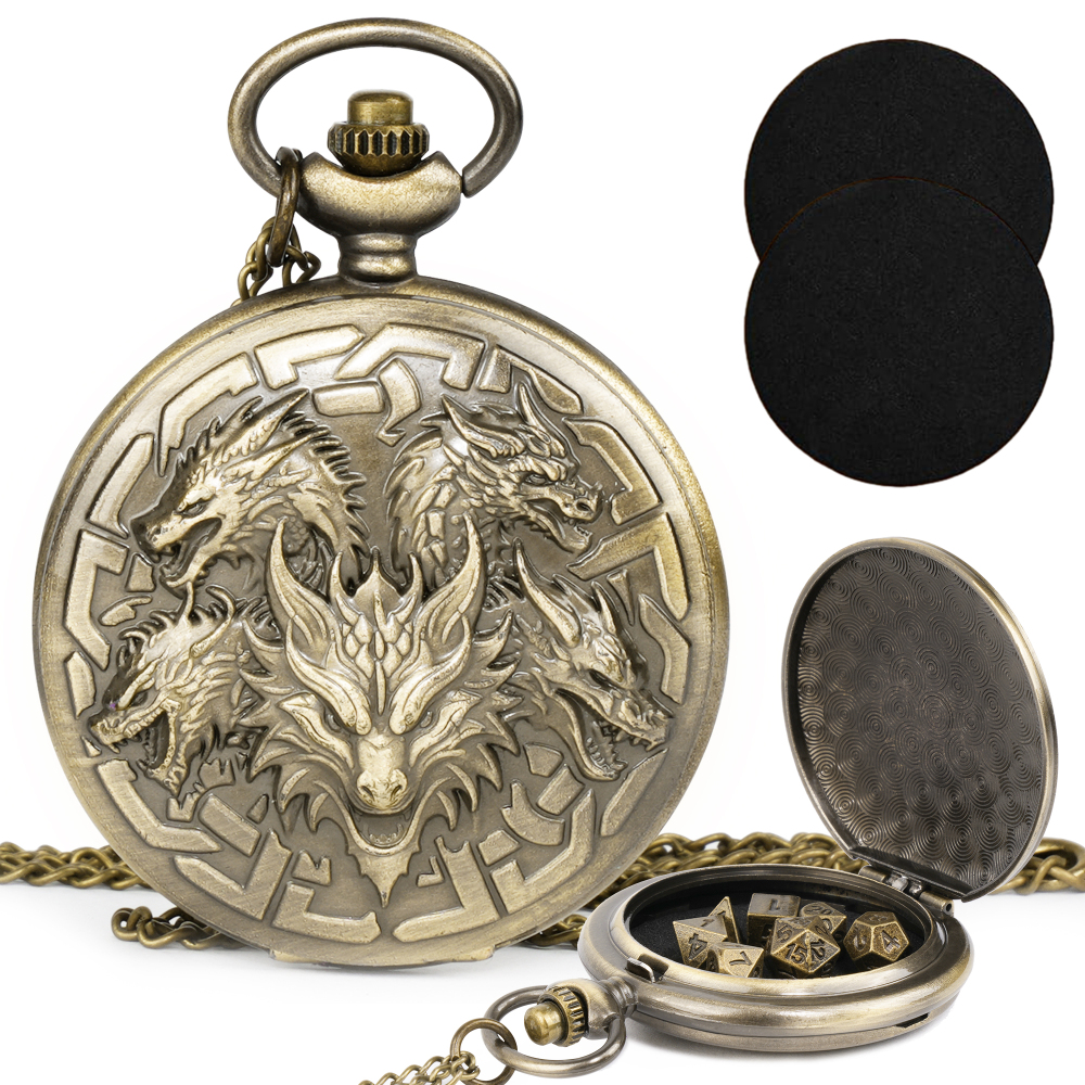 Kabinka DND Dice Set, 7pcs Mini Metal Dice with Pocket Watch Shell, Portable D&D Die with Necklace, Dungeons and Dragons Dice for RPG(Five-Headed Dragon, Bronze)