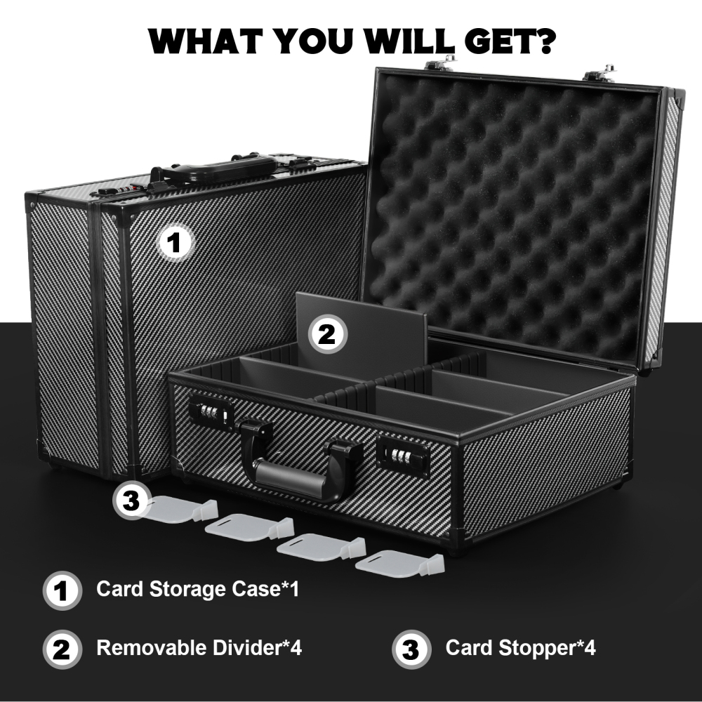 Toploader Storage Box for 3" X 4" 35pt Rigid Cards, Trading Card Storage Box with Combination Lock, Sports Card Case with Removable Dividers for Baseball Cards (Holds 600+ Toploaders, Carbon Fibre)