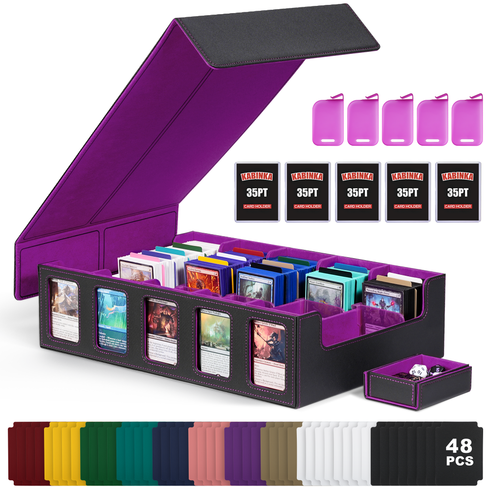 Kabinka Trading Card Storage Box with Commander Display, 5-Row Deck Case with Removable Lid; 3900+ Card Deck Box for MTG TCG Sports Cards, 5 Toploaders, 5 Stoppers, 48 Dividers,1 Dice Tray (Black)
