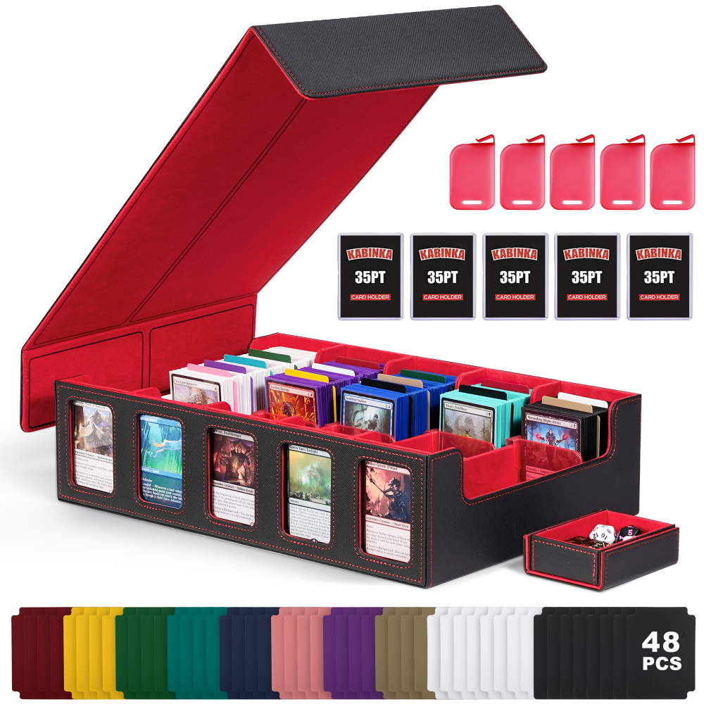Kabinka Trading Card Storage Box with Commander Display, 5-Row Deck Case with Removable Lid; 3900+ Card Deck Box for MTG TCG Sports Cards, 5 Toploaders, 5 Stoppers, 48 Dividers,1 Dice Tray (Black)