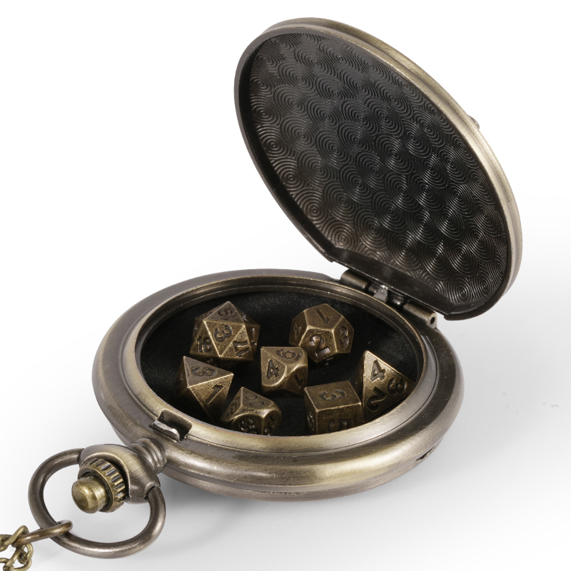 Kabinka DND Dice Set, 7pcs Mini Metal Dice with Pocket Watch Shell, Portable D&D Die with Necklace, Dungeons and Dragons Dice for RPG(Five-Headed Dragon, Bronze)