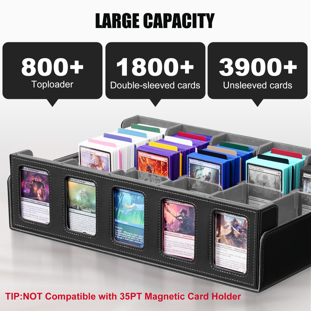 Kabinka Trading Card Storage Box with Commander Display, 5-Row Deck Case with Removable Lid; 3900+ Card Deck Box for MTG TCG Sports Cards, 5 Toploaders, 5 Stoppers, 48 Dividers,1 Dice Tray (Black)
