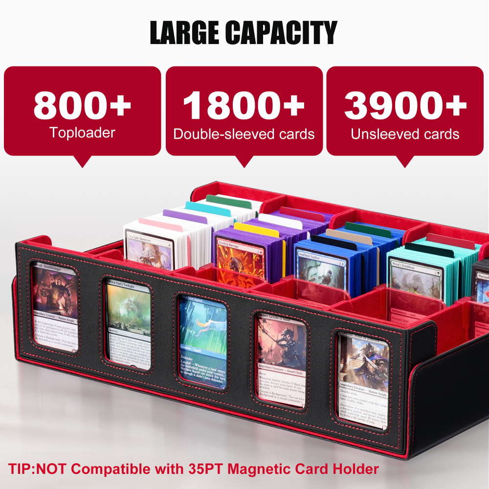 Kabinka Trading Card Storage Box with Commander Display, 5-Row Deck Case with Removable Lid; 3900+ Card Deck Box for MTG TCG Sports Card, 5 Toploaders, 5 Stoppers, 48 Dividers,1 Dice Tray (Black Red)