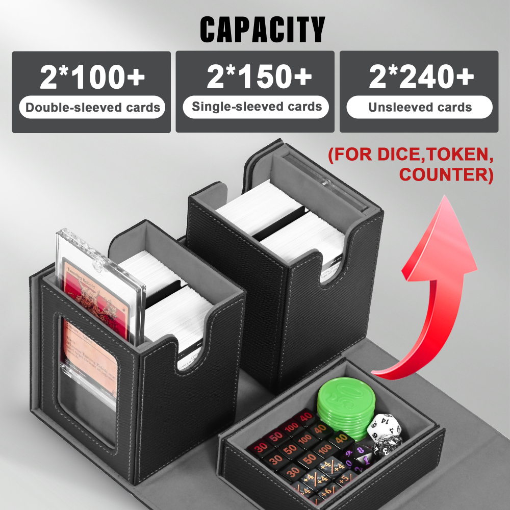 Kabinka Deck Box for MTG with Commander Display, 3 in 1 Trading Card Storage Box Fit 200 Double-sleeved Cards, Removable Deck Case for TCG/Sports Cards with 2 Magnetic Card Holders (Black)