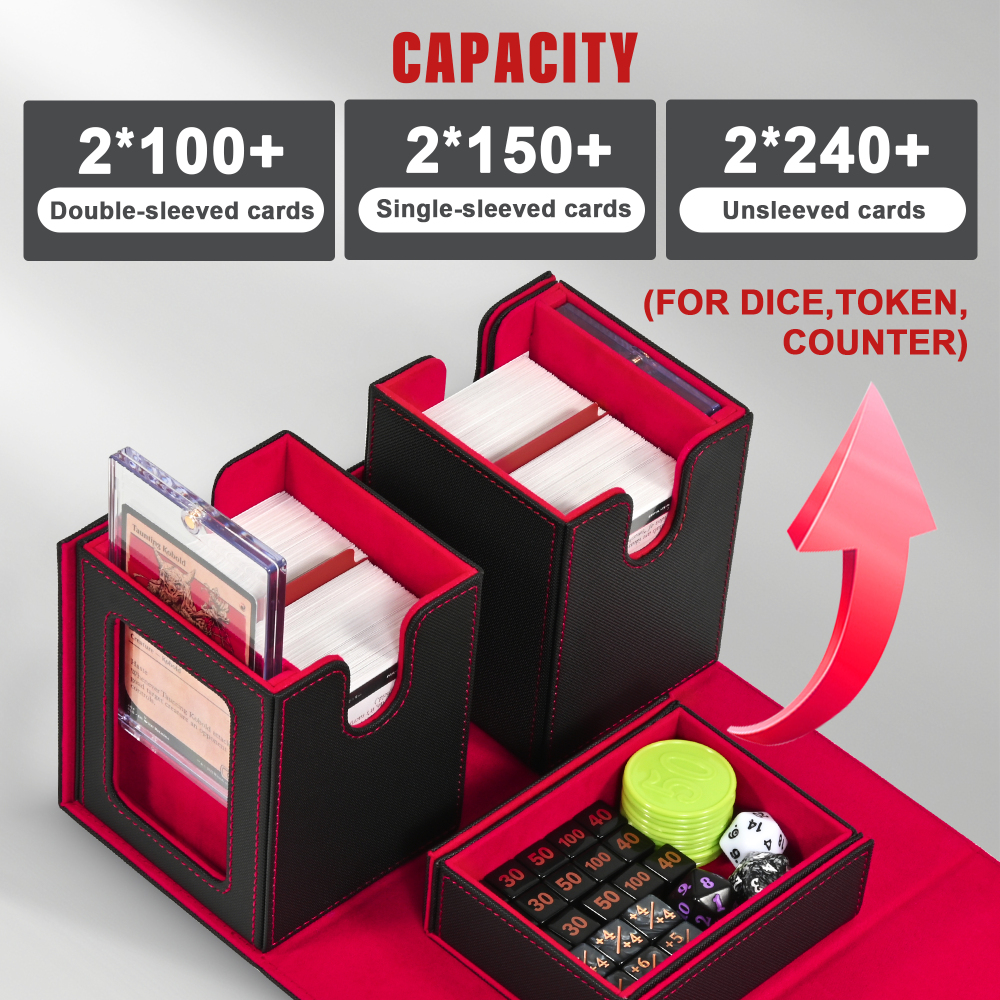 Kabinka Deck Box for MTG with Commander Display, 3 in 1 Trading Card Storage Box Fit 200 Double-sleeved Cards, Removable Deck Case for TCG/Sports Cards with 2 Magnetic Card Holders (Black Red)