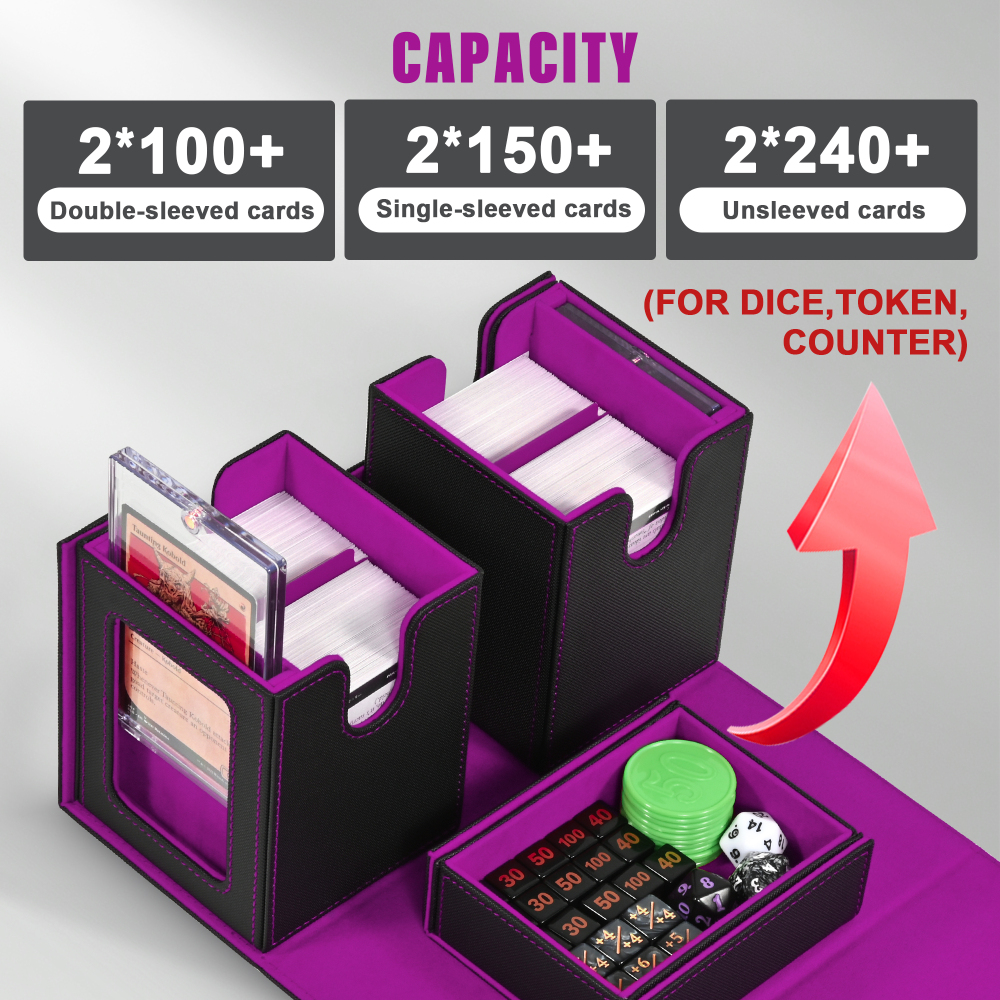Kabinka Deck Box for MTG with Commander Display, 3 in 1 Trading Card Storage Box Fit 200 Double-sleeved Cards, Removable Deck Case for TCG/Sports Cards with 2 Magnetic Card Holders (Black Purple)