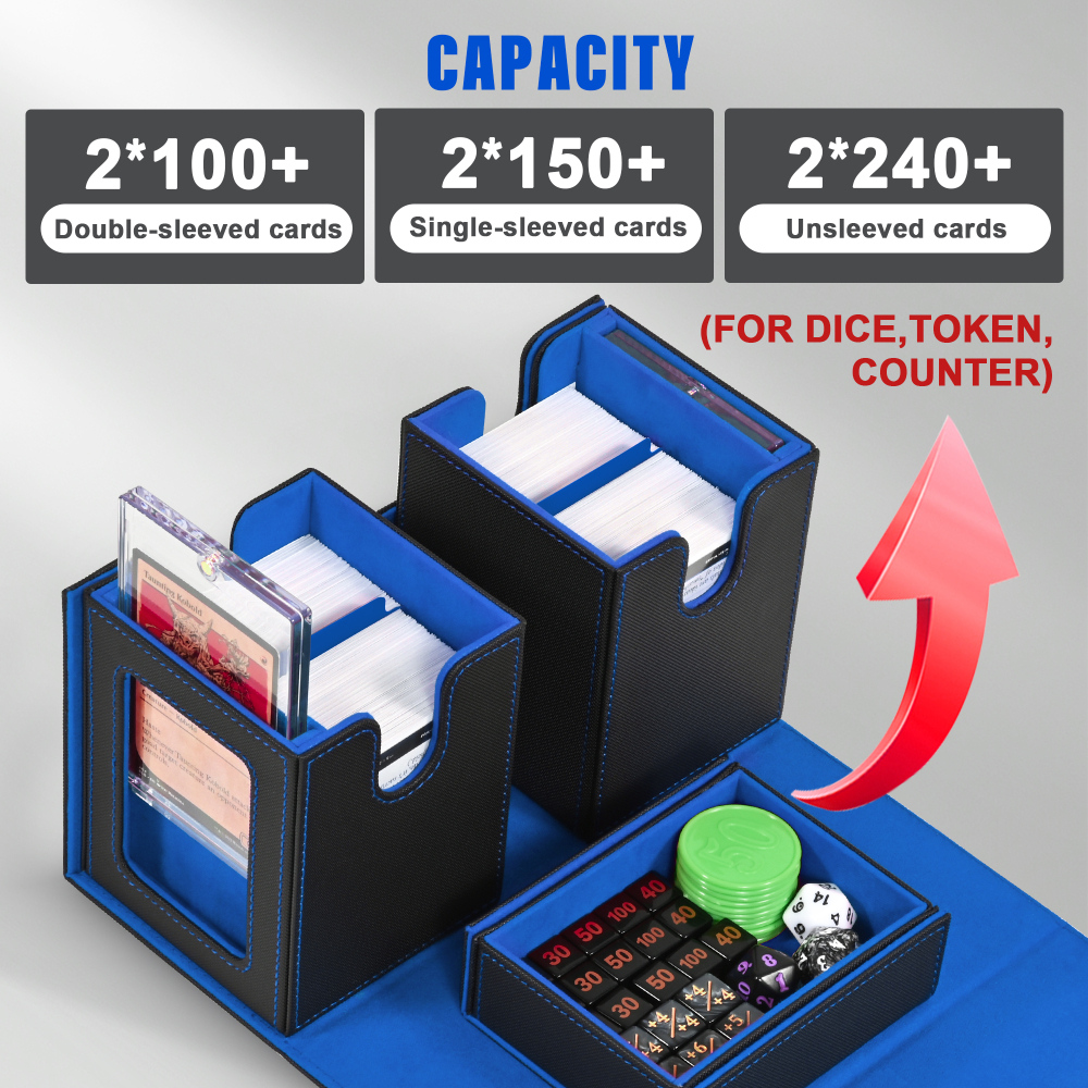 Kabinka Deck Box for MTG with Commander Display, 3 in 1 Trading Card Storage Box Fit 200 Double-sleeved Cards, Removable Deck Case for TCG/Sports Cards with 2 Magnetic Card Holders (Black Blue)