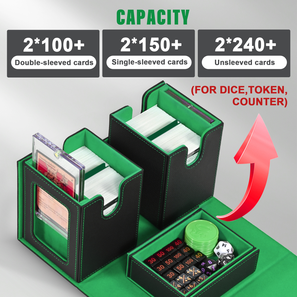 Kabinka Deck Box for MTG with Commander Display, 3 in 1 Trading Card Storage Box Fit 200 Double-sleeved Cards, Removable Deck Case for TCG/Sports Cards with 2 Magnetic Card Holders (Black Green)