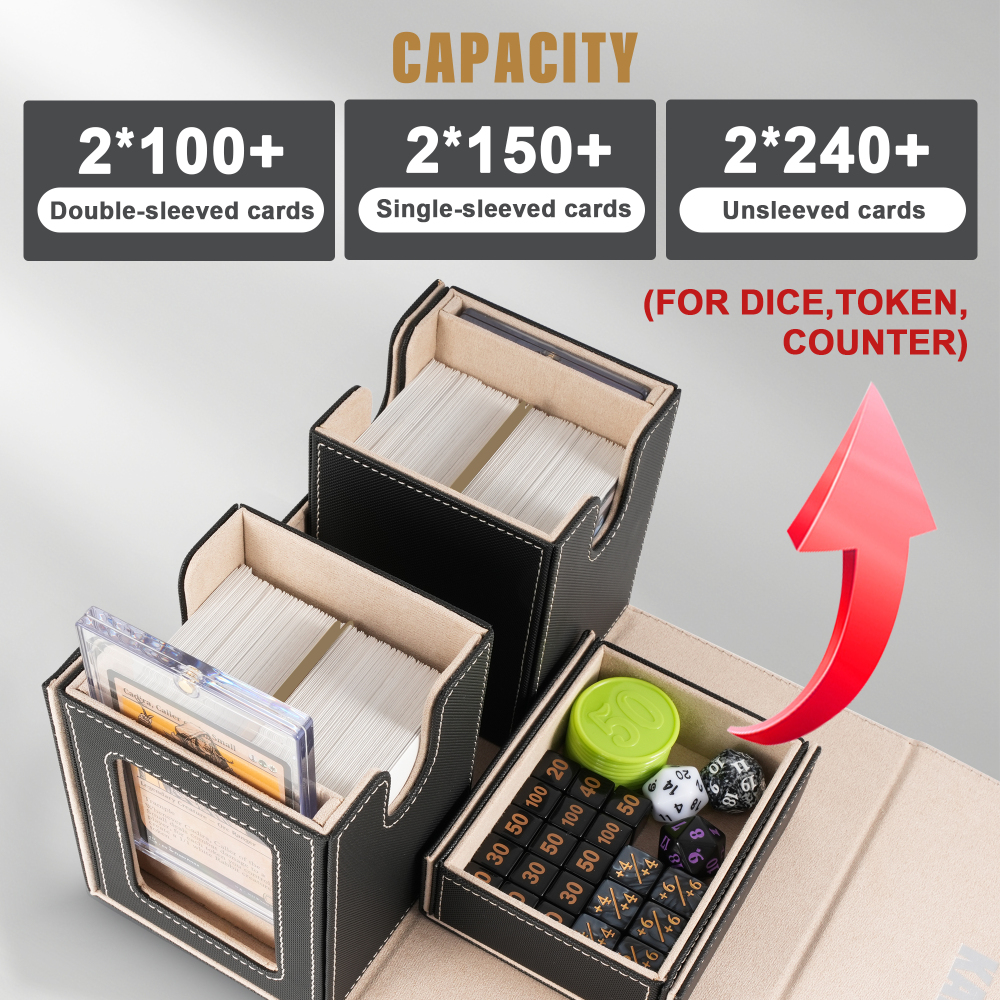 Kabinka Deck Box for MTG with Commander Display, 3 in 1 Trading Card Storage Box Fit 200 Double-sleeved Cards, Removable Deck Case for TCG/Sports Cards with 2 Magnetic Card Holders (Black Gold)