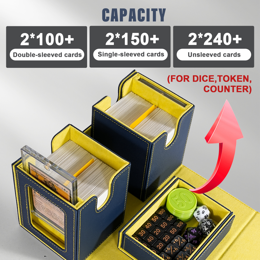 Kabinka Deck Box for MTG with Commander Display, 3 in 1 Trading Card Storage Box Fit 200 Double-sleeved Cards, Removable Deck Case for TCG/Sports Cards with 2 Magnetic Card Holders (Blue Yellow)