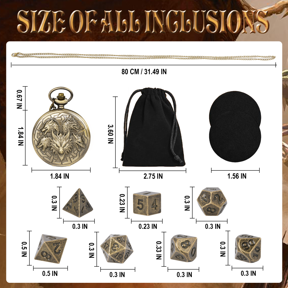 Kabinka DND Dice Set, 7pcs Mini Metal Dice with Pocket Watch Shell, Portable D&D Die with Necklace, Dungeons and Dragons Dice for RPG(Five-Headed Dragon, Bronze)