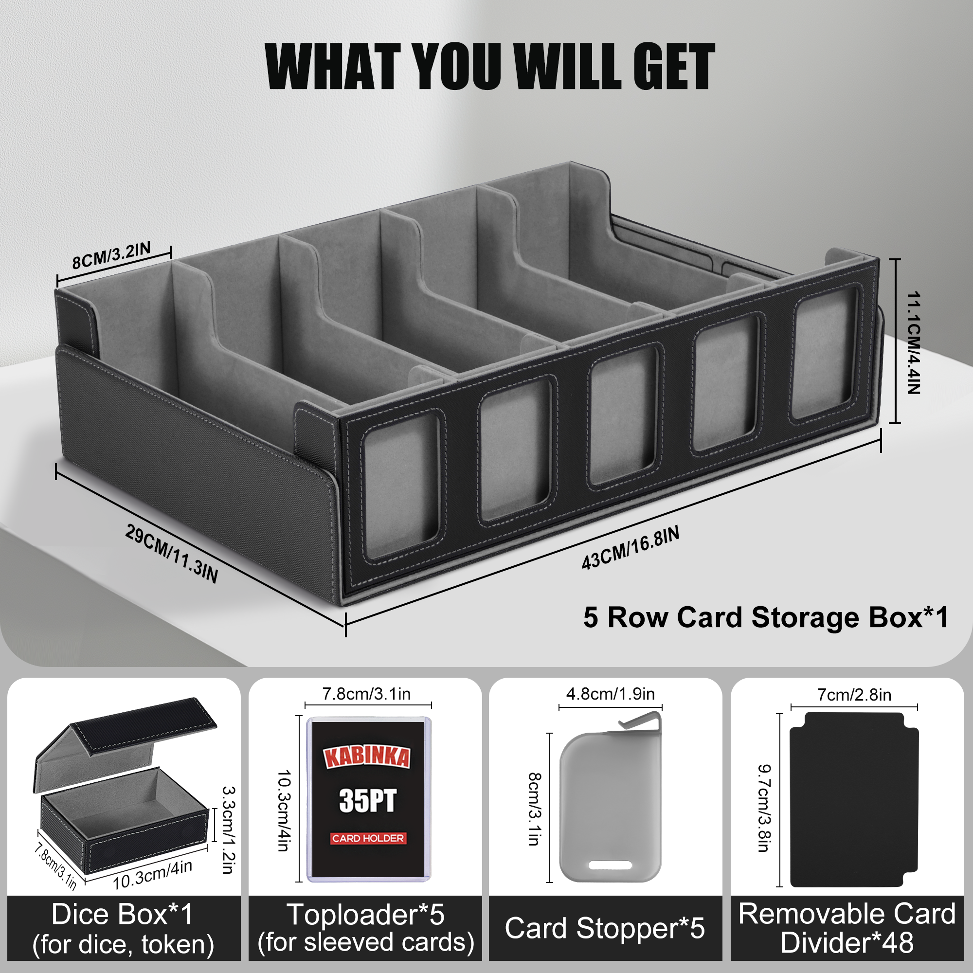 Kabinka Trading Card Storage Box with Commander Display, 5-Row Deck Case with Removable Lid; 3900+ Card Deck Box for MTG TCG Sports Cards, 5 Toploaders, 5 Stoppers, 48 Dividers,1 Dice Tray (Black)