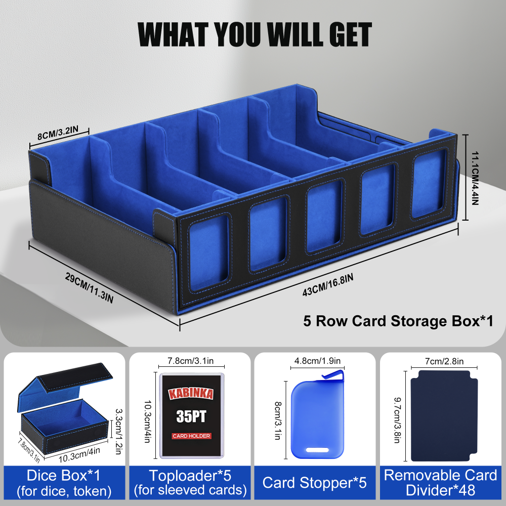 Trading Card Storage Box with Commander Display , 5-Row Deck Case with Removable Lid; 3900+ Card Deck Box for MTG TCG Sports Card, 5 Toploaders, 5 Stoppers, 48 Dividers,1 Dice Tray (Black Blue)
