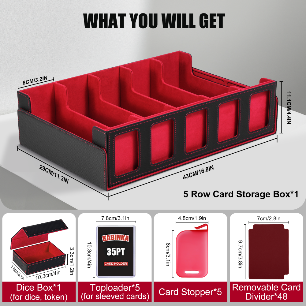 Kabinka Trading Card Storage Box with Commander Display, 5-Row Deck Case with Removable Lid; 3900+ Card Deck Box for MTG TCG Sports Card, 5 Toploaders, 5 Stoppers, 48 Dividers,1 Dice Tray (Black Red)