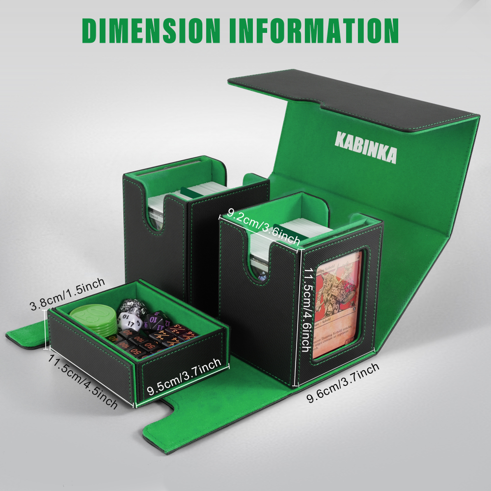 Kabinka Deck Box for MTG with Commander Display, 3 in 1 Trading Card Storage Box Fit 200 Double-sleeved Cards, Removable Deck Case for TCG/Sports Cards with 2 Magnetic Card Holders (Black Green)
