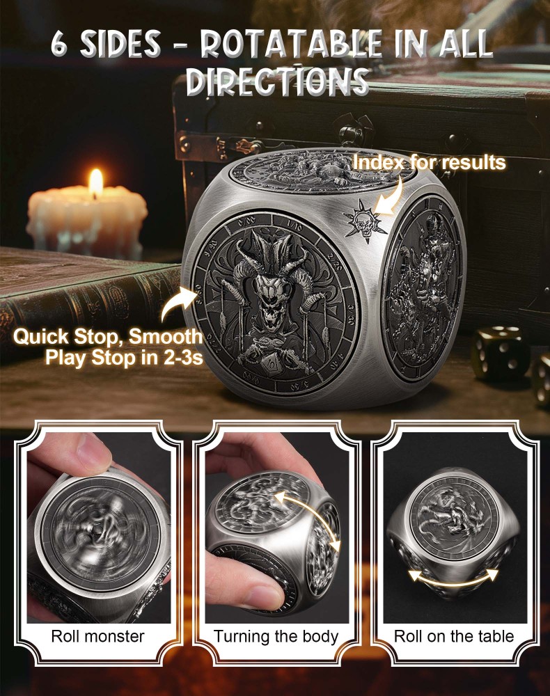 Kabinka Spinner Dice for 7 in 1 DND Dice Set, Unique Metal Dice for Dungeons and Dragons RPG Role Playing Gaming (Ancient Silver)