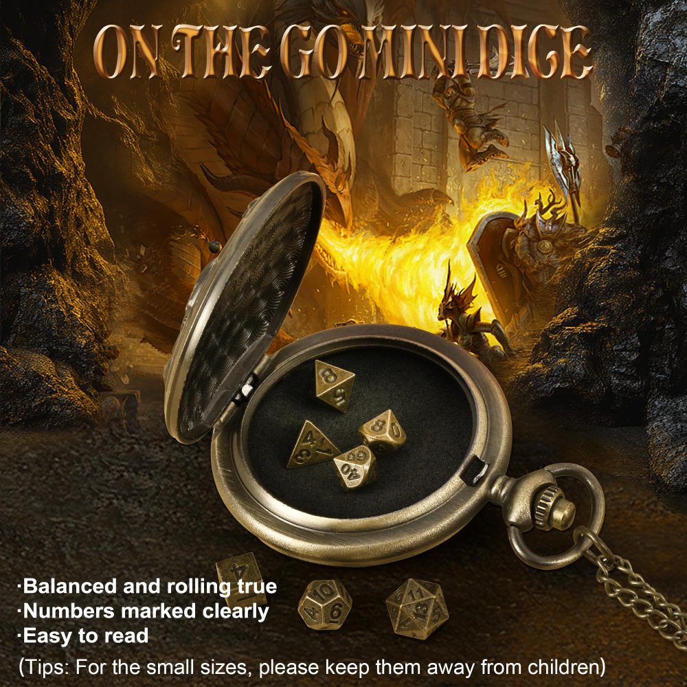 Kabinka DND Dice Set, 7pcs Mini Metal Dice with Pocket Watch Shell, Portable D&D Die with Necklace, Dungeons and Dragons Dice for RPG(Five-Headed Dragon, Bronze)