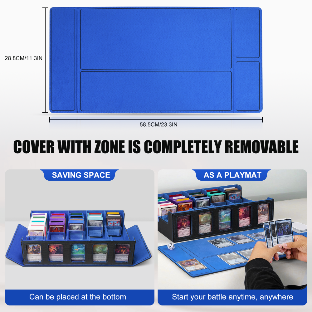 Trading Card Storage Box with Commander Display , 5-Row Deck Case with Removable Lid; 3900+ Card Deck Box for MTG TCG Sports Card, 5 Toploaders, 5 Stoppers, 48 Dividers,1 Dice Tray (Black Blue)
