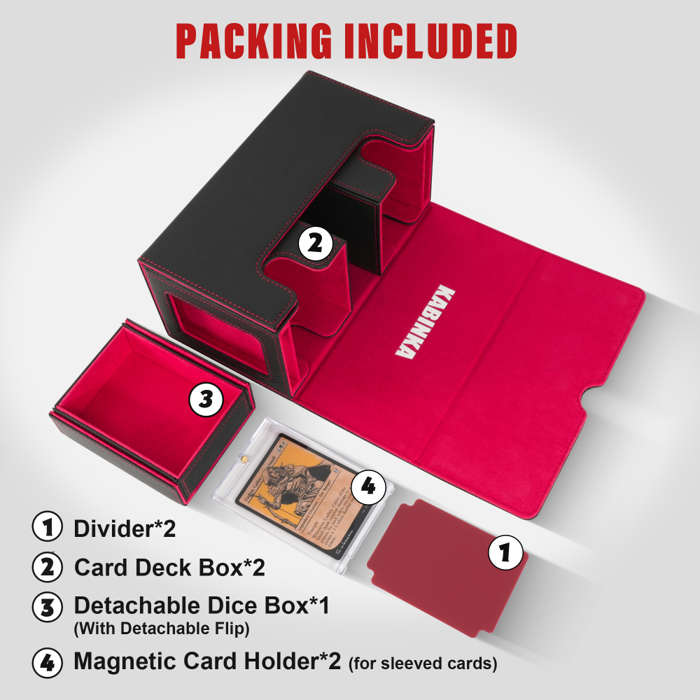 Kabinka Deck Box for MTG with Commander Display, 3 in 1 Trading Card Storage Box Fit 200 Double-sleeved Cards, Removable Deck Case for TCG/Sports Cards with 2 Magnetic Card Holders (Black Red)