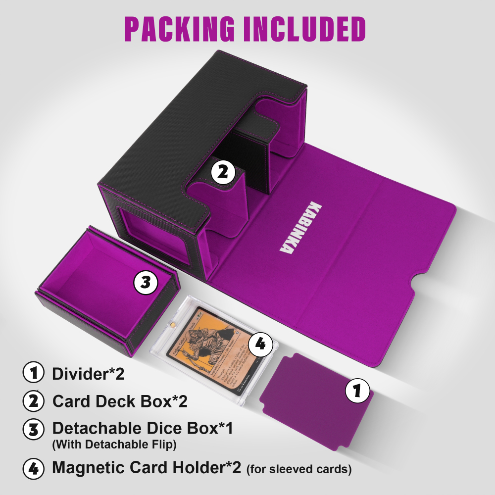 Kabinka Deck Box for MTG with Commander Display, 3 in 1 Trading Card Storage Box Fit 200 Double-sleeved Cards, Removable Deck Case for TCG/Sports Cards with 2 Magnetic Card Holders (Black Purple)