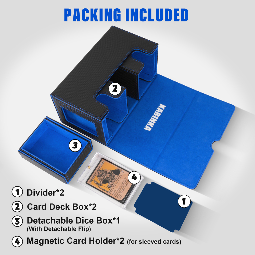 Kabinka Deck Box for MTG with Commander Display, 3 in 1 Trading Card Storage Box Fit 200 Double-sleeved Cards, Removable Deck Case for TCG/Sports Cards with 2 Magnetic Card Holders (Black Blue)