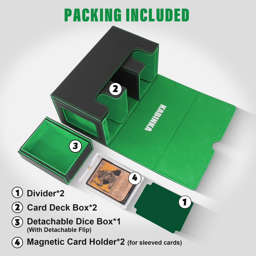 Kabinka Deck Box for MTG with Commander Display, 3 in 1 Trading Card Storage Box Fit 200 Double-sleeved Cards, Removable Deck Case for TCG/Sports Cards with 2 Magnetic Card Holders (Black Green)