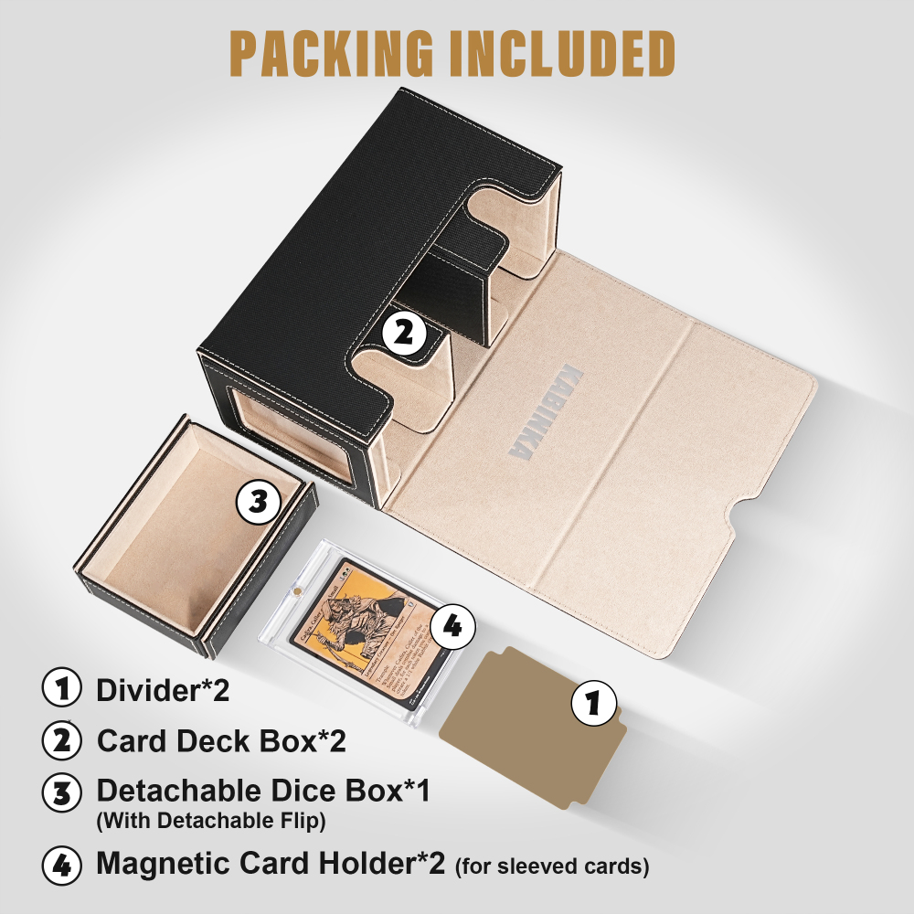 Kabinka Deck Box for MTG with Commander Display, 3 in 1 Trading Card Storage Box Fit 200 Double-sleeved Cards, Removable Deck Case for TCG/Sports Cards with 2 Magnetic Card Holders (Black Gold)