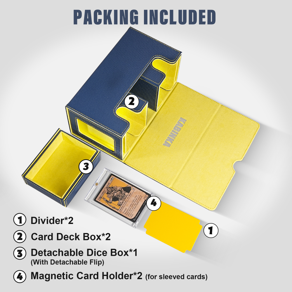 Kabinka Deck Box for MTG with Commander Display, 3 in 1 Trading Card Storage Box Fit 200 Double-sleeved Cards, Removable Deck Case for TCG/Sports Cards with 2 Magnetic Card Holders (Blue Yellow)