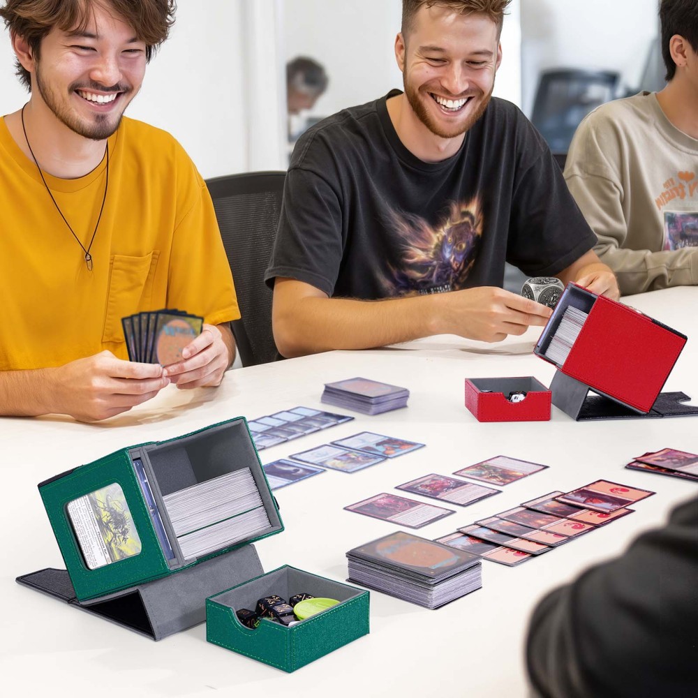 Kabinka Commander Deck Box for MTG with Metal Emblem, Card Deck Box with Dice Tray, Holds 100 Double-Sleeved Cards for PTCG, Cards Storage Case with 35PT Magnetic Card Holder (Black& Green, Leopard)