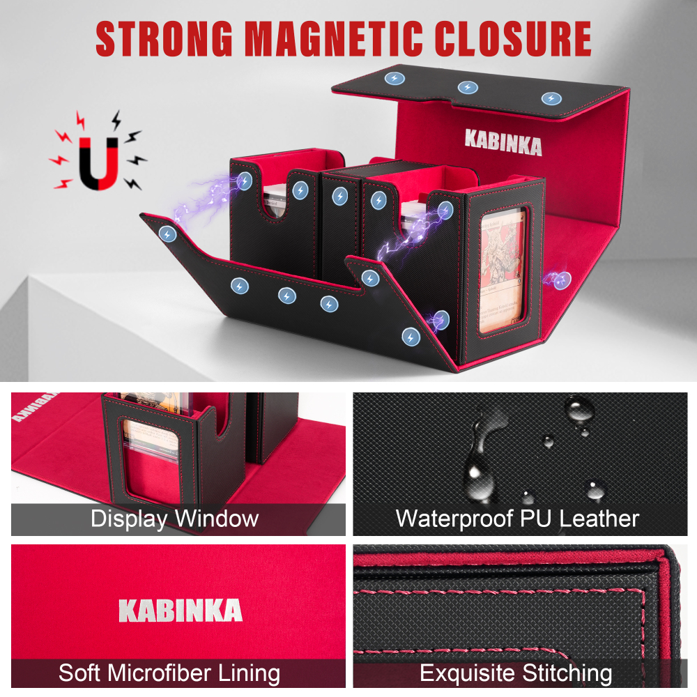 Kabinka Deck Box for MTG with Commander Display, 3 in 1 Trading Card Storage Box Fit 200 Double-sleeved Cards, Removable Deck Case for TCG/Sports Cards with 2 Magnetic Card Holders (Black Red)
