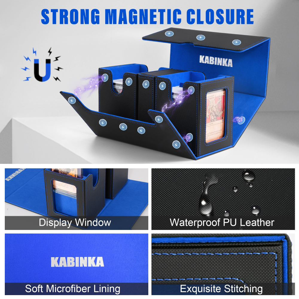 Kabinka Deck Box for MTG with Commander Display, 3 in 1 Trading Card Storage Box Fit 200 Double-sleeved Cards, Removable Deck Case for TCG/Sports Cards with 2 Magnetic Card Holders (Black Blue)