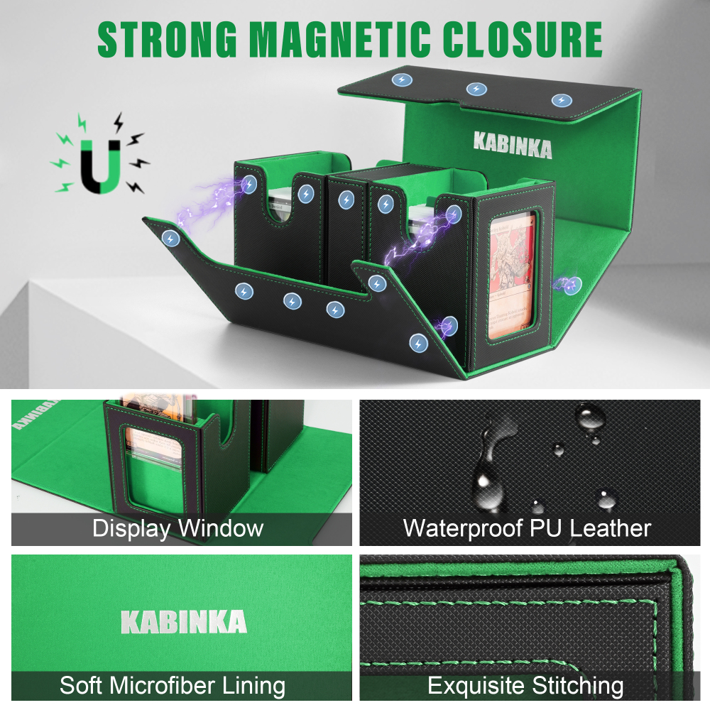 Kabinka Deck Box for MTG with Commander Display, 3 in 1 Trading Card Storage Box Fit 200 Double-sleeved Cards, Removable Deck Case for TCG/Sports Cards with 2 Magnetic Card Holders (Black Green)