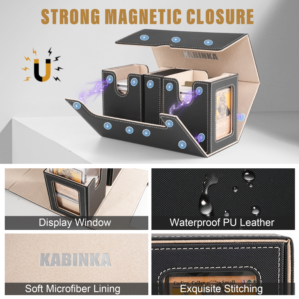 Kabinka Deck Box for MTG with Commander Display, 3 in 1 Trading Card Storage Box Fit 200 Double-sleeved Cards, Removable Deck Case for TCG/Sports Cards with 2 Magnetic Card Holders (Black Gold)