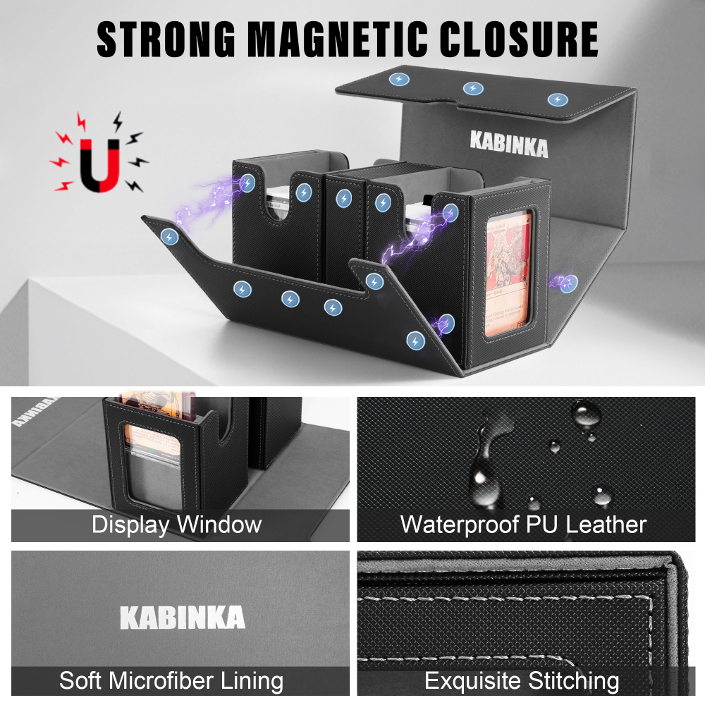 Kabinka Deck Box for MTG with Commander Display, 3 in 1 Trading Card Storage Box Fit 200 Double-sleeved Cards, Removable Deck Case for TCG/Sports Cards with 2 Magnetic Card Holders (Black)