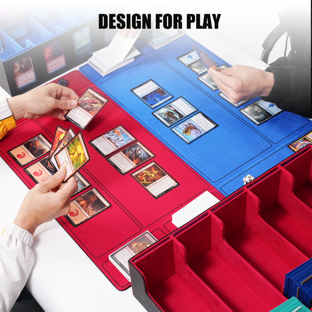 Kabinka Trading Card Storage Box with Commander Display, 5-Row Deck Case with Removable Lid; 3900+ Card Deck Box for MTG TCG Sports Card, 5 Toploaders, 5 Stoppers, 48 Dividers,1 Dice Tray (Black Red)
