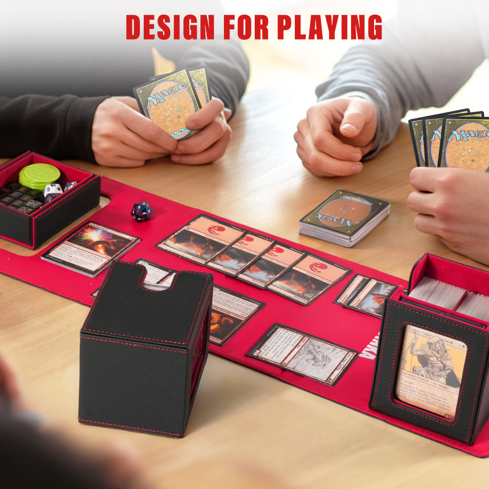 Kabinka Deck Box for MTG with Commander Display, 3 in 1 Trading Card Storage Box Fit 200 Double-sleeved Cards, Removable Deck Case for TCG/Sports Cards with 2 Magnetic Card Holders (Black Red)