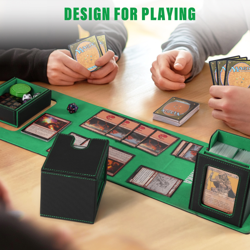 Kabinka Deck Box for MTG with Commander Display, 3 in 1 Trading Card Storage Box Fit 200 Double-sleeved Cards, Removable Deck Case for TCG/Sports Cards with 2 Magnetic Card Holders (Black Green)